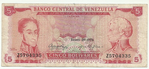 Billetes Bs. 5 Z7 Enero 29 1974 