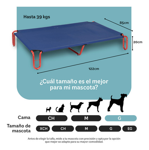 Cama Elevada para Perro con Malla Transpirable ideal en Calor, Catre de Mascotas Esquimal Pets. Azul-Rojo, 122x85x20cm