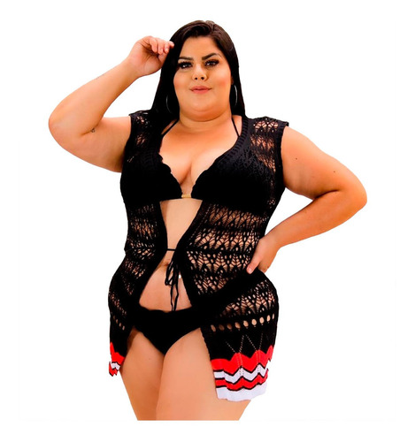 Saída De Praia Aberta Barra Trabalhada Tricot Plus Size 2020