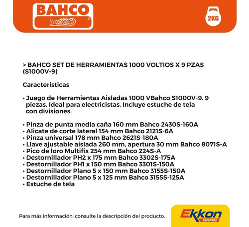 Imagen 3 de 7 de Juego Set De Herramientas Bahco 1000 Voltios 9 Piezas