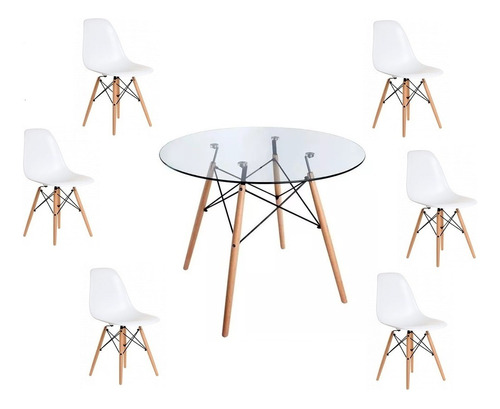  Juego Comedor Mesa Redonda Vidrio 100cm + 6 Sillas Eames Ct