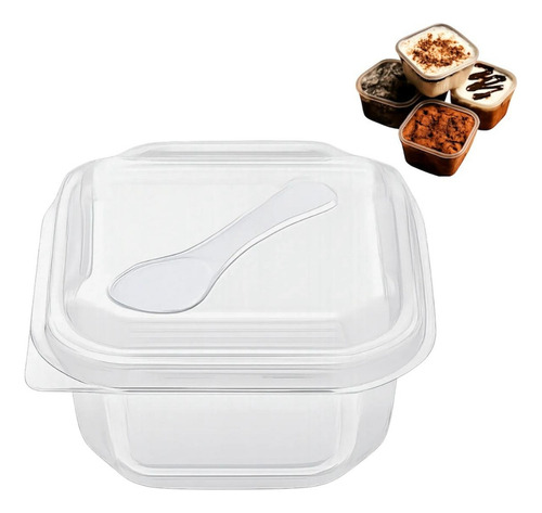 200un Potinho P/ Bolo De Pote Quadrado 150ml C/ Mini Colher