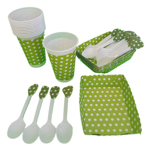 Kit Polka Verde Vasos+bandejas+curbierto 24invitados