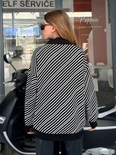 Sweater Abrigo Rayado Importado Con Cuello Tejido Cierre