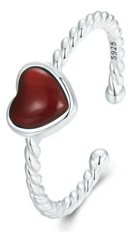 Anillo Ajustable Para Mujer Corazón Rojo Amor En Plata 925