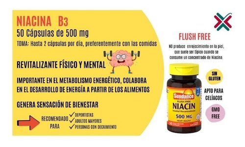Vitamina B3 Niacina 500 Mg Inocitol Sundance X 50 Capsulas