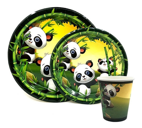 Set  Oso Panda 10 Platos Y 20 Vasos