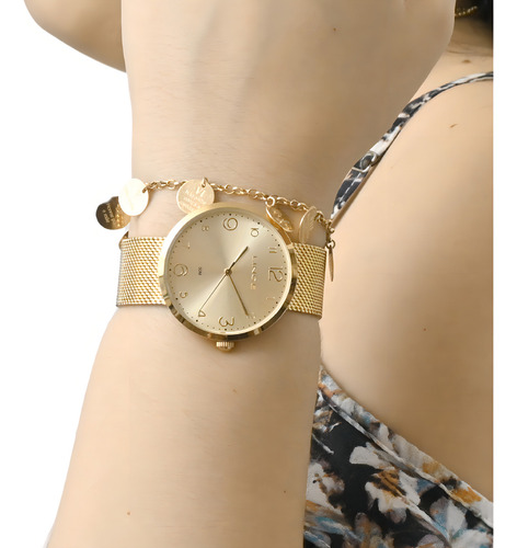 Kit Relogio Lince Feminino Dourado Porta Joia Lrgh229l36