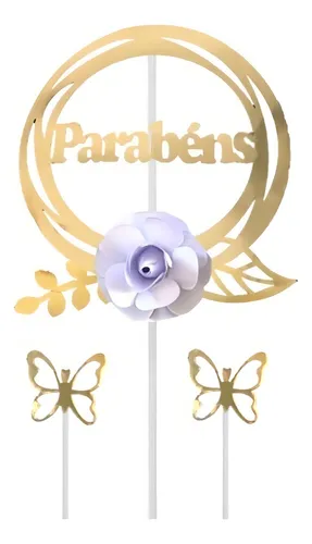 Lámina para tarta con flores y mariposas, felicitaciones, color dorado y blanco