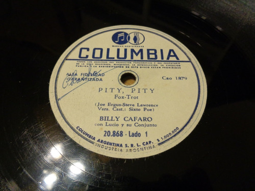 Billy Cafaro Disco Pasta 78 Rock Pity, Pity / Tú Eres Excel