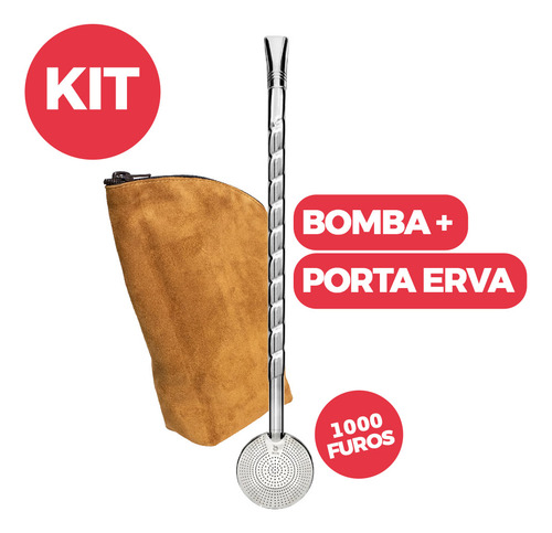 Kit Bomba Chimarrão Art 1000 Furos 24cm Inox + Porta Erva