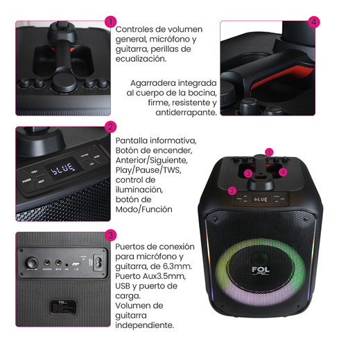 Fol Bocina Torre De Sonido Portatil Recargable Con Microfono Negro