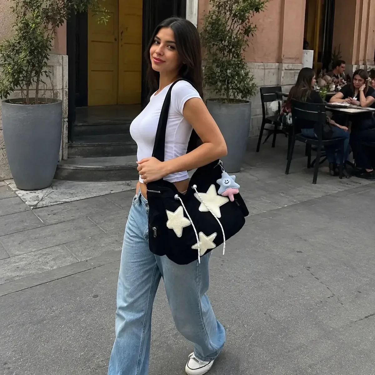 Bolsa Crossbody Preto De Veludo Para Mulheres, Estampa Estrela