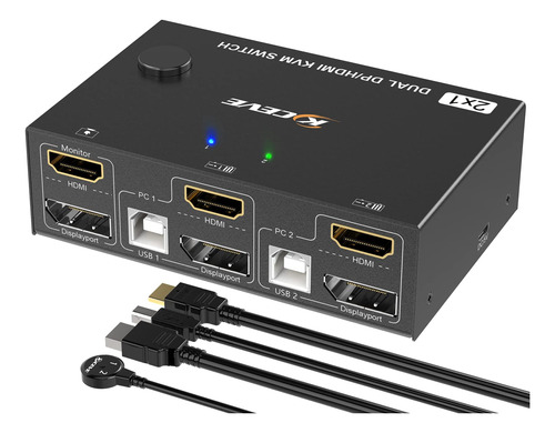 Conmutador Kvm De Doble Monitor Hdmi Y Dp De 2 Puertos 4k A