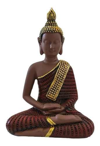Buda Tailandês Meditando Manto Marrom E Dourado - Estatueta