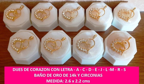 Set De 9 Dijes Corazón Baño Oro 14k Letras Iniciales Varias