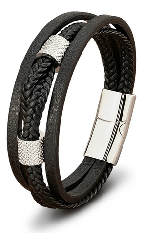 Pulsera De Cuero Genuino + Acero Inoxidable Elegante Hombre