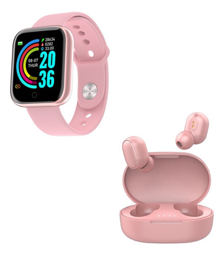 Combo Reloj Smartwatch Y68 + Auriculares Inalámbricos Rosa