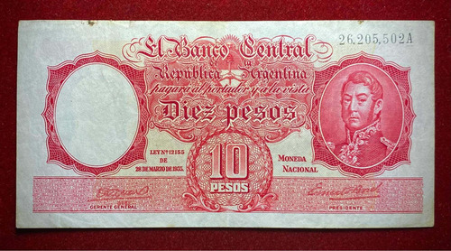 Billete 10 Pesos M$n 1944 Firmas Rojas Bottero 1929 (Usado)
