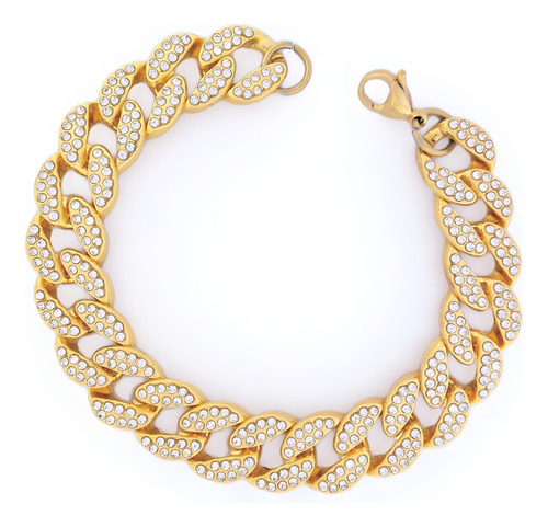 Cadena Cubana Pulsera Clamp Con Diamantes Simil Oro M®