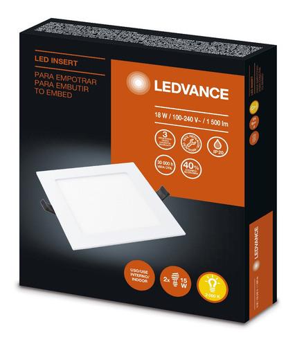 Imagen 2 de 5 de Plafón Embutir Led 18w Ledvance/osram-lcálida Cuadrado 22x22