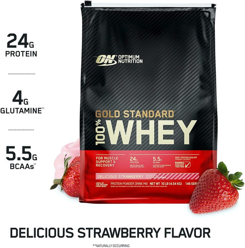 Suplemento en polvo Optimum Nutrition Proteína Gold Standard 100% Whey proteína sabor delicious strawberry en bolsa de 4.54kg