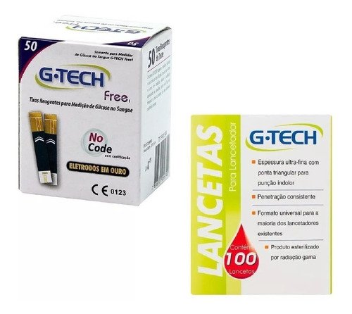 50 Tiras Teste Glicemia G-tech Free E Smart + 100 Lancetas