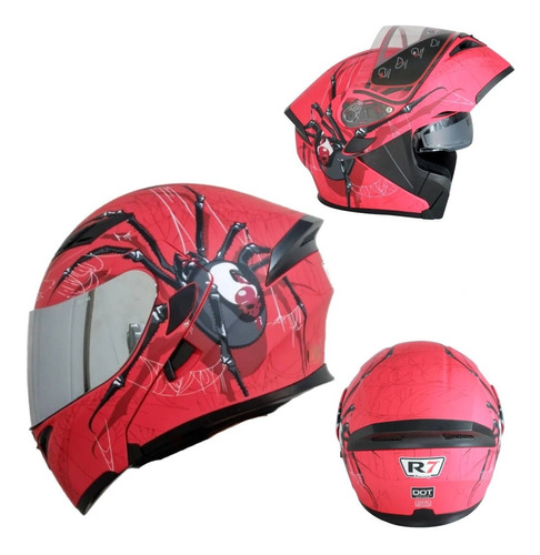 Casco Abatible Para Moto R7 Racing Unscarred Spider Rojo