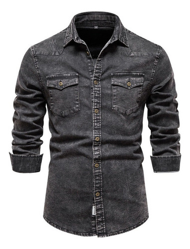 Camisa Negra Hombre Mezclilla Casual De Alta Calidad Cómoda