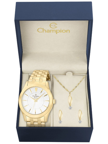Relógio Feminino Champion Cn25378w Dourado Colar Brincos