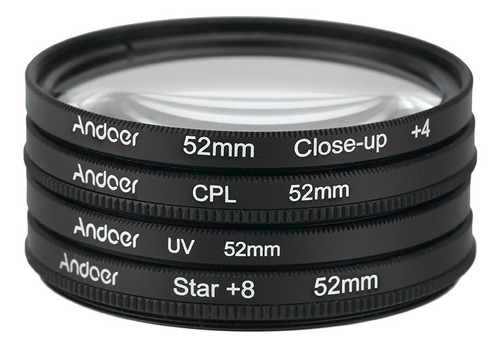 Andoer 52mm Uv+cpl+close-up+4 +estrella Filtro Circular De 8