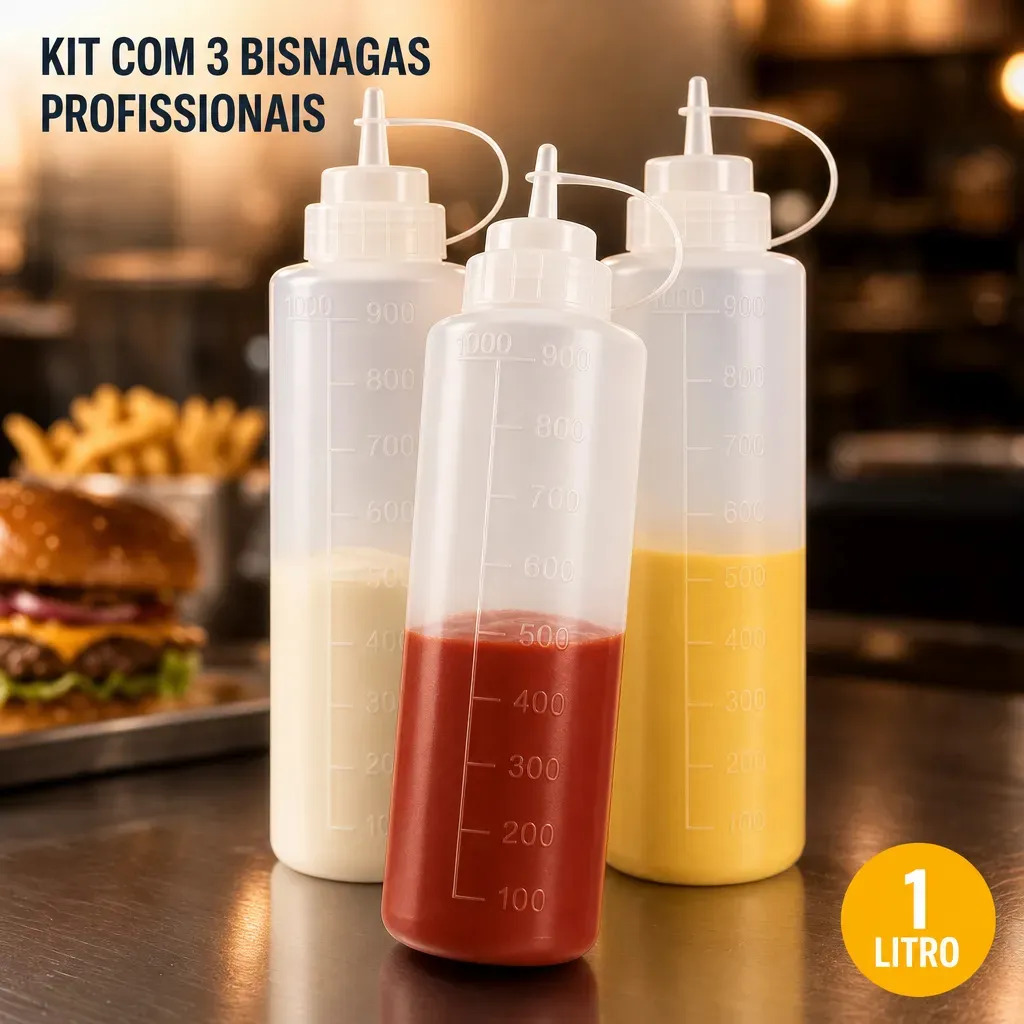 Kit 3 Bisnaga Grande 1 Litro Molho Ketchup Maionese Mostarda