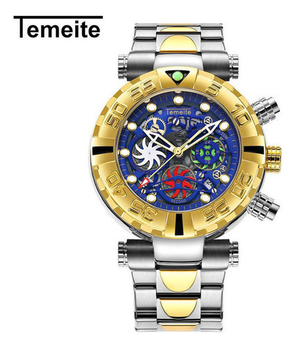 Relojes de cuarzo luminosos de lujo para hombre de Temeite, color de fondo plateado y azul dorado
