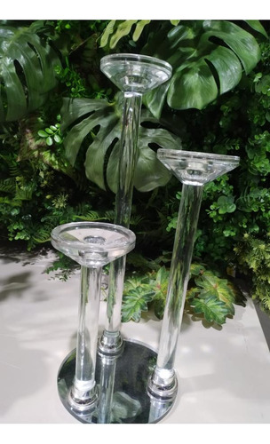 Castiçal De Cristal Liso Triplo Com Base Espelhada - 45cm