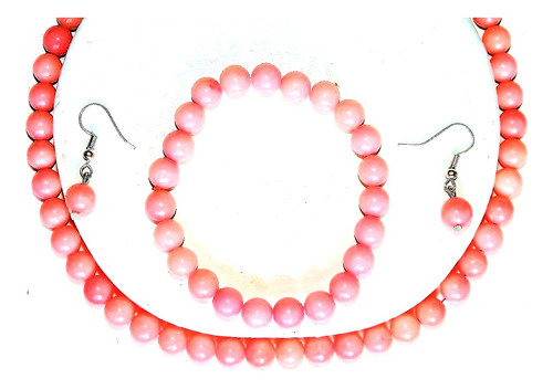 Set - Collar Pulsera Aretes Jade 8 Mm Bola 4 Piezas - Coral