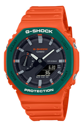 Reloj Unisex Casio Ga-2110sc-4adr G-shock Correa Color Naranja Bisel Verde Y Fondo Negro