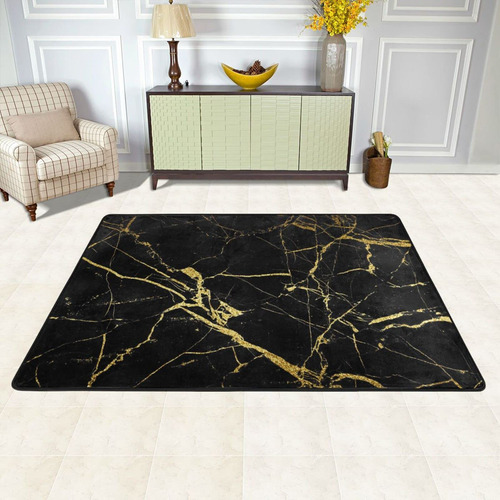 Alfombra Suave Comoda Marmol Negro Dorado Para Cocina Sala X