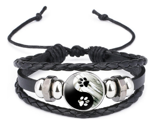 Pulsera Yin Yang Cuero Trenzado Ajustable Huellas De Perro