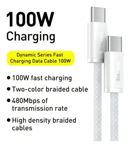 Cable USB-C tipo C Baseus Compat de 100 W, 1 m. Macbook, iPhone, iPad, color blanco