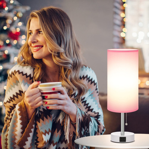Lámpara De Mesa Rosa Con 3 Modos Y Puertos Usb-c Y A