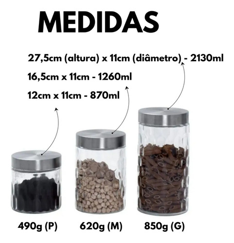 Kit 3 Potes De Vidro Com Tampa Inox Alimentos Mantimentos