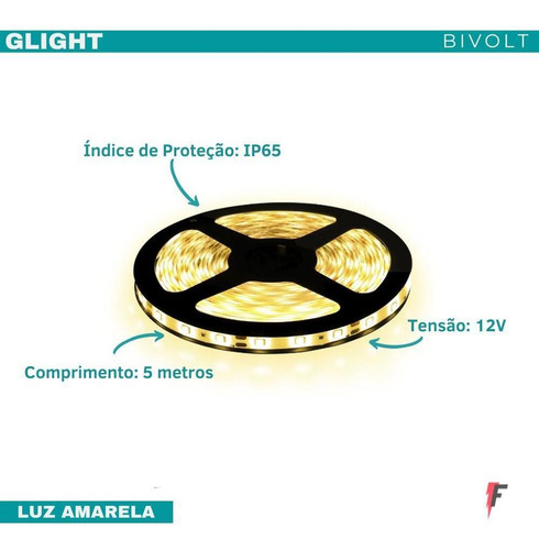 Imagem 2 de 4 de Fita De Led 12v Ip65 3000k 5 Metros Gligh 5w