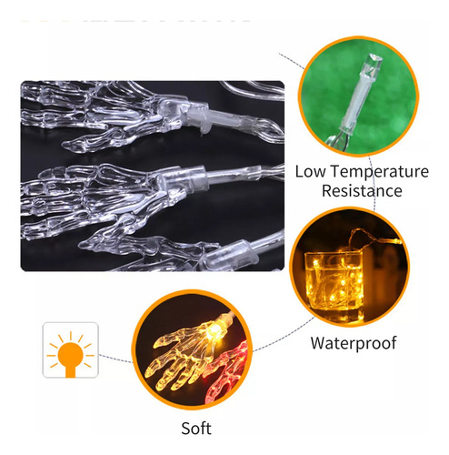 Luz Cadena Halloween 10ft 20leds Mano Esqueleto Transparente