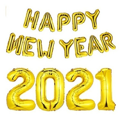 Kit Set Decoración  Happy New Year 2021 Dorado Metalizado