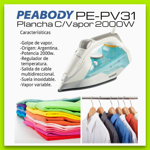 Imagen 4 de 5 de Peabody Pe-pv31 Plancha Con Vapor 2000w Suela Inoxidable