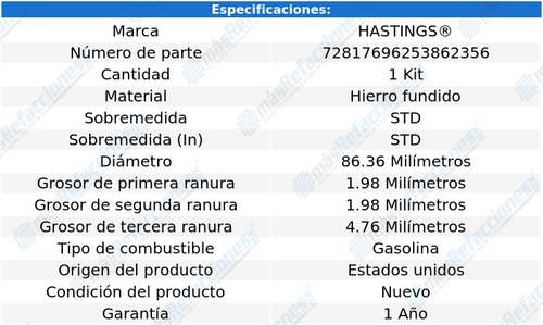 Anillos Pistón Std D100 Panel L6 3.7l 1976 Hastings