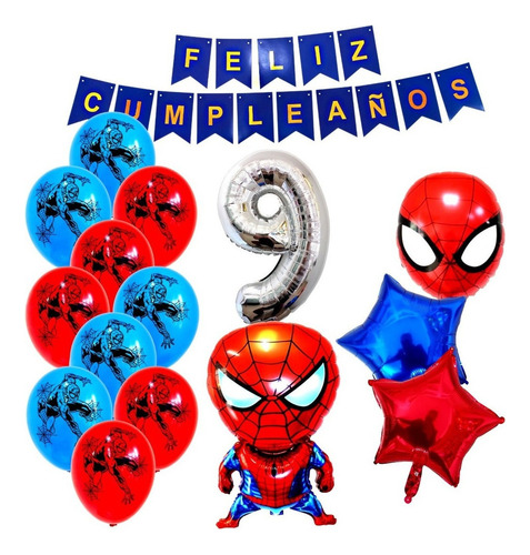 Combo Kit Deco Globos Hombre Araña Spiderman+feliz Cumple 