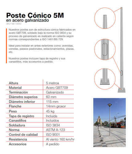 Poste Conico 5 Mts Galvanizado C/canastillo