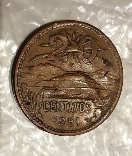 Moneda De 20 Centavos Pirámide 1951  Cobre Error Troquelado