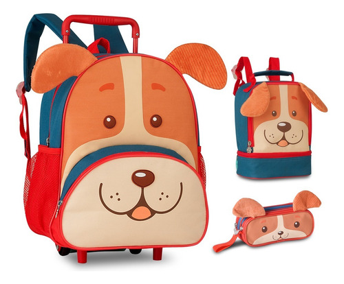 Mochila Rodinhas Com Lancheira E Estojo Kit Escolar Cachorro Cor Caramelo